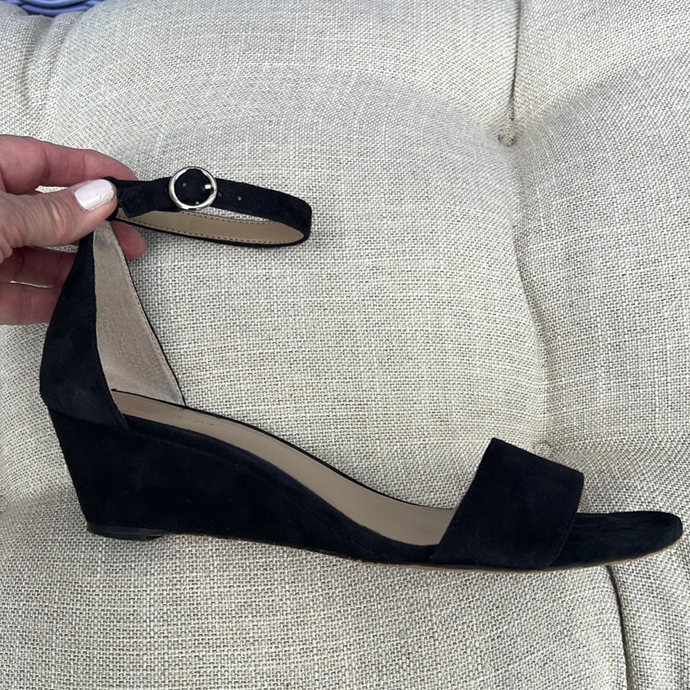 Ann Taylor Black Suede Low Wedge Black Open Toe Ankle Strap Sandals, Size 8